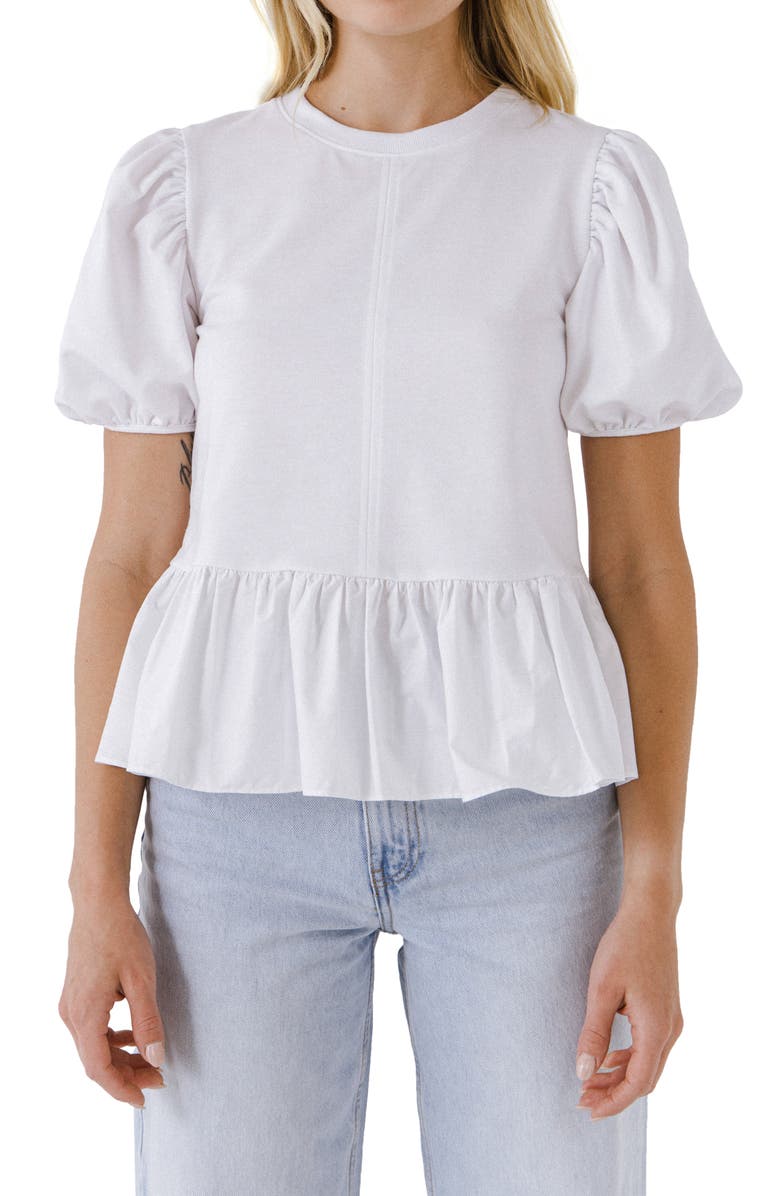 English Factory Knit & Woven Puff Sleeve Top, Main, color, 