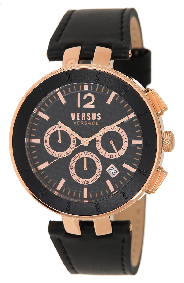 VERSUS Versace Versace Stainless Steel Chronograph Leather Strap Watch, 44mm, Main, color,