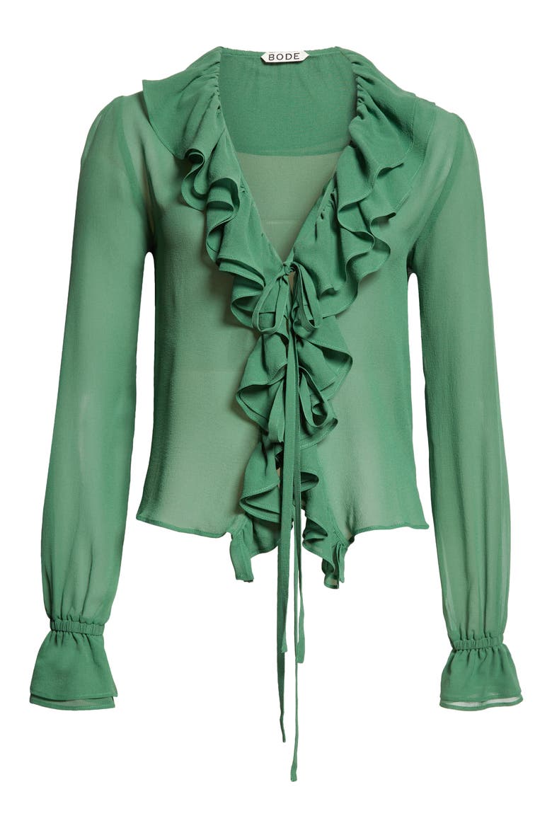 Flounce Ruffle Long Sleeve Silk Top, Alternate, color, GREEN
