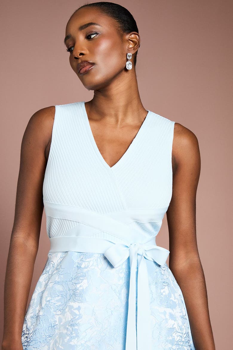 Bandage V-Neck Jacquard Midi Dress, Alternate, color, Light Blue