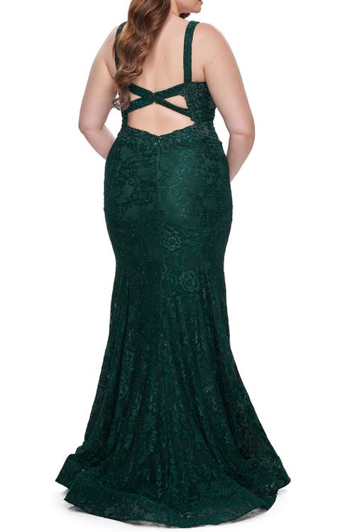 La Femme Plus Size Dress Lace Fitted Long Gown In Dark Emerald