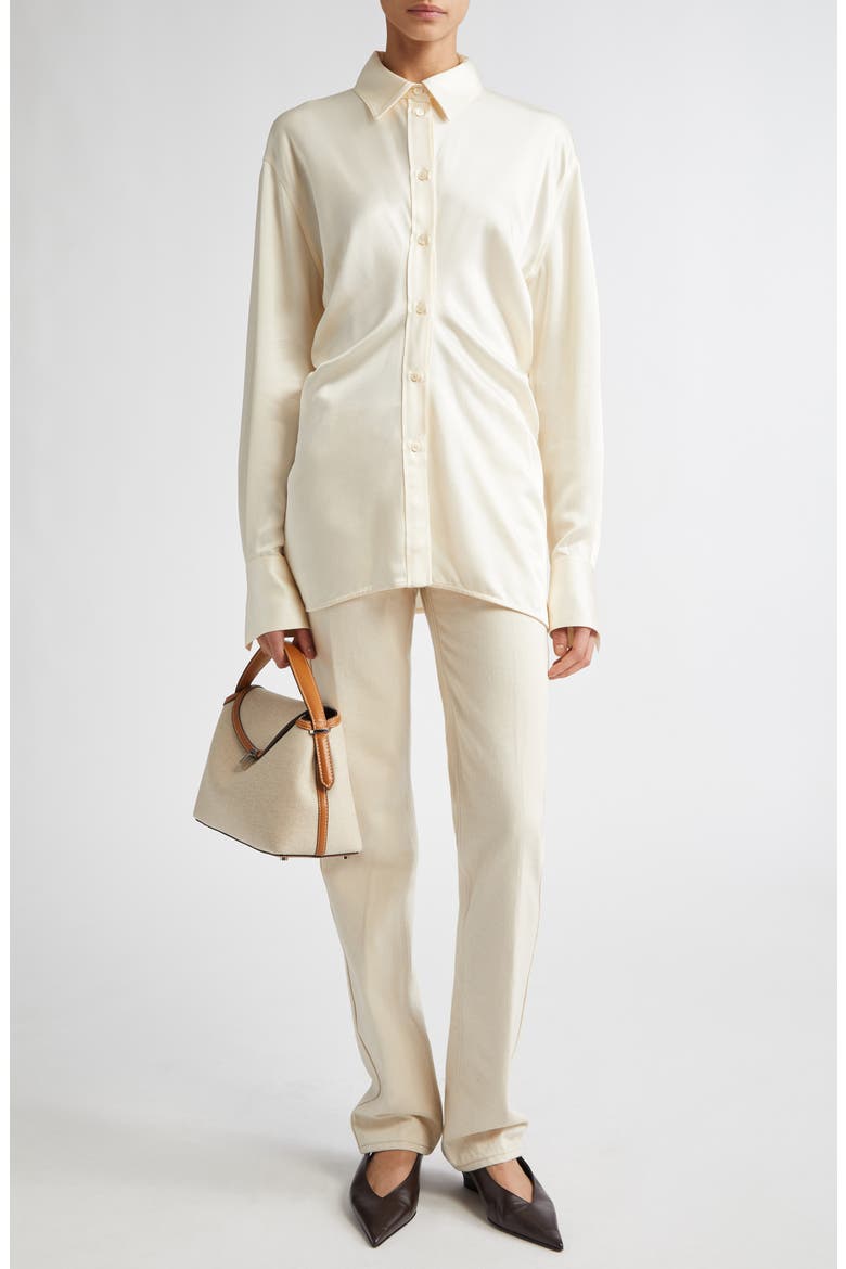 Slouch Waist Satin Button-Up Shirt, Alternate, color, MACADAMIA