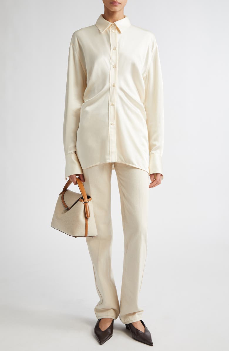 TOTEME Slouch Waist Satin Button-Up Shirt, Alternate, color, Macadamia