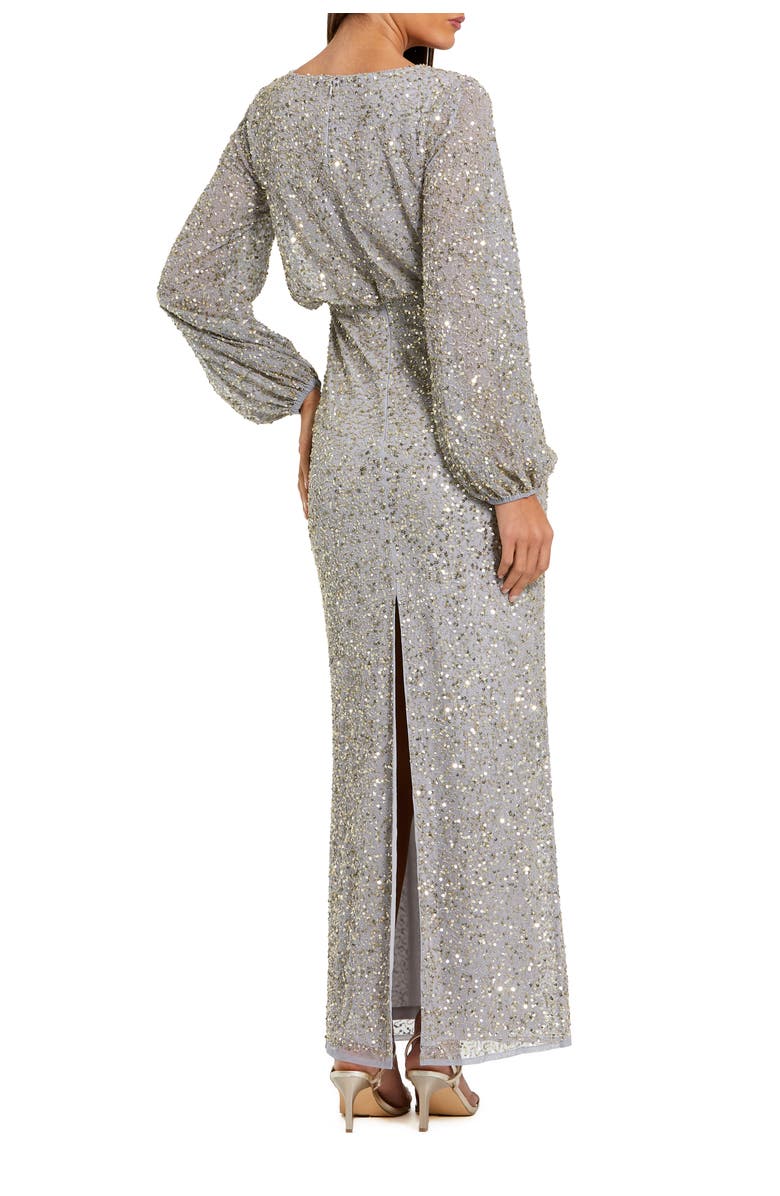 Mac Duggal Beaded Mesh Blouson Sleeve Evening Gown, Alternate, color, Platinum Gold