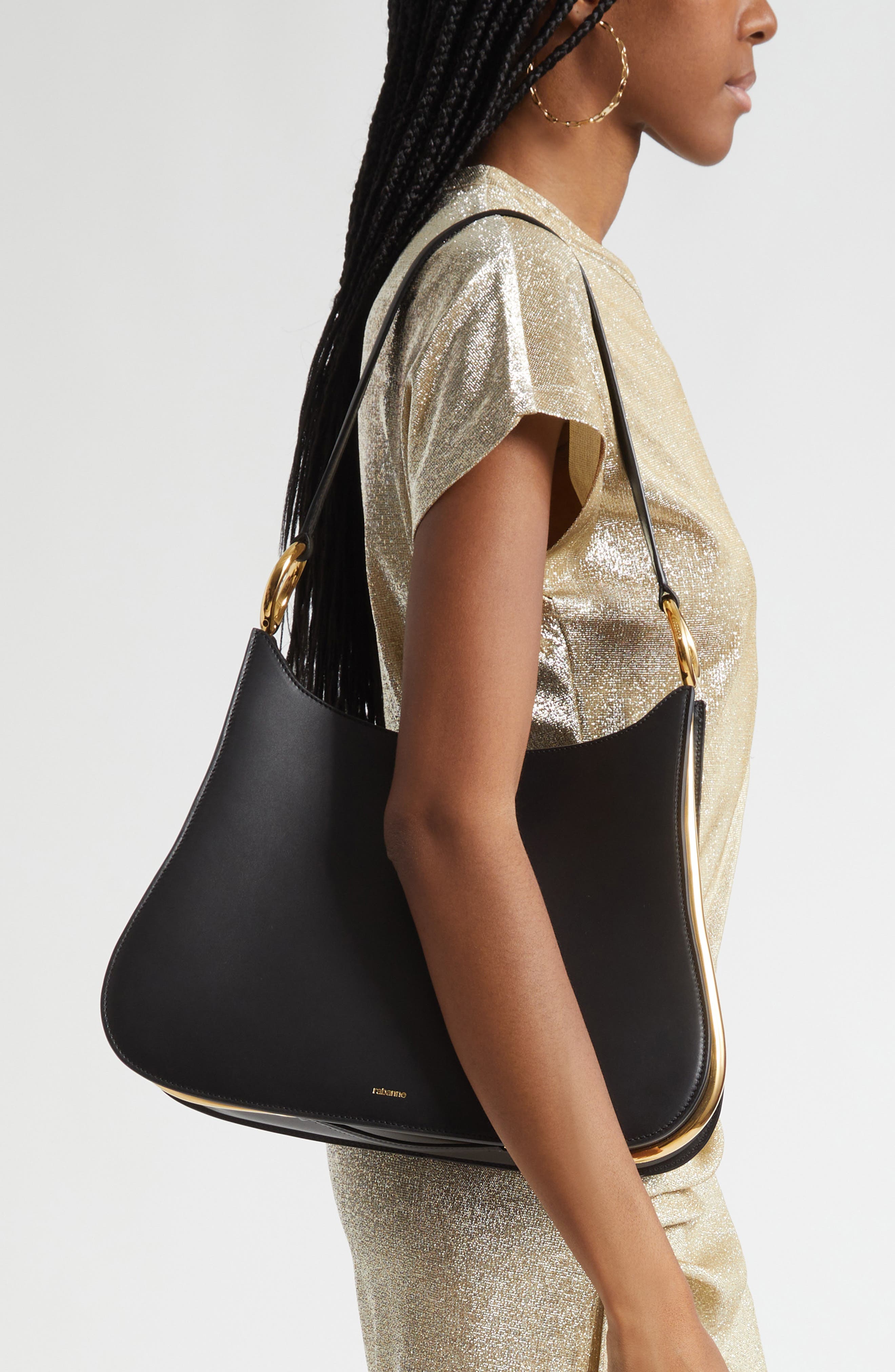Rabanne Ring Leather Hobo Shoulder Bag, Alternate, color, Black / Gold