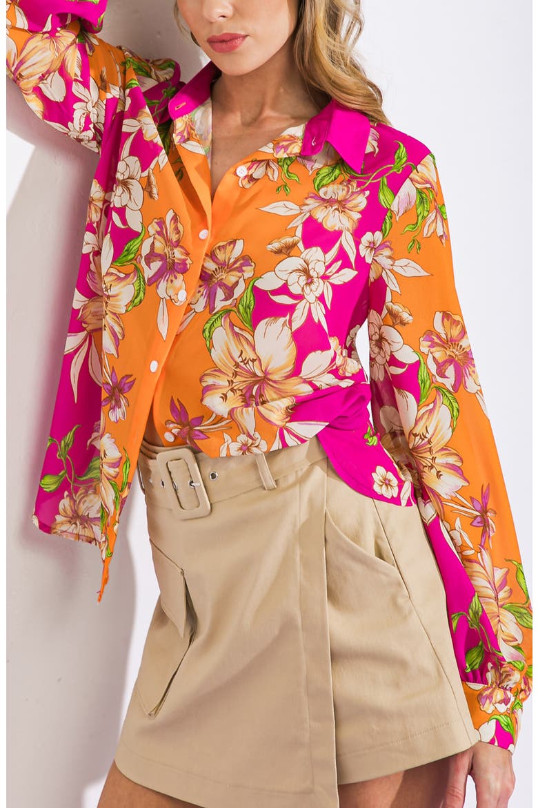 Floral Print Button-Up Shirt, Alternate, color, ORANGE FUCHSIA