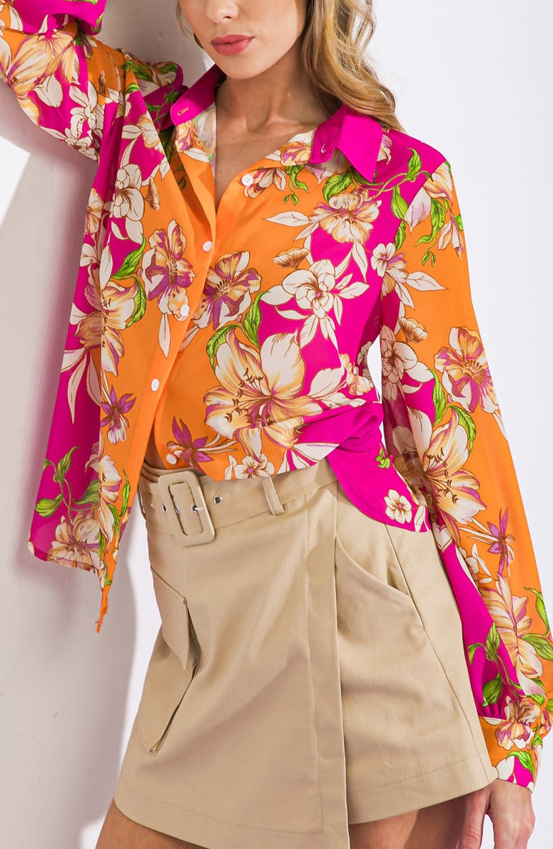 FLYING TOMATO Floral Print Button-Up Shirt, Alternate, color, Orange Fuchsia