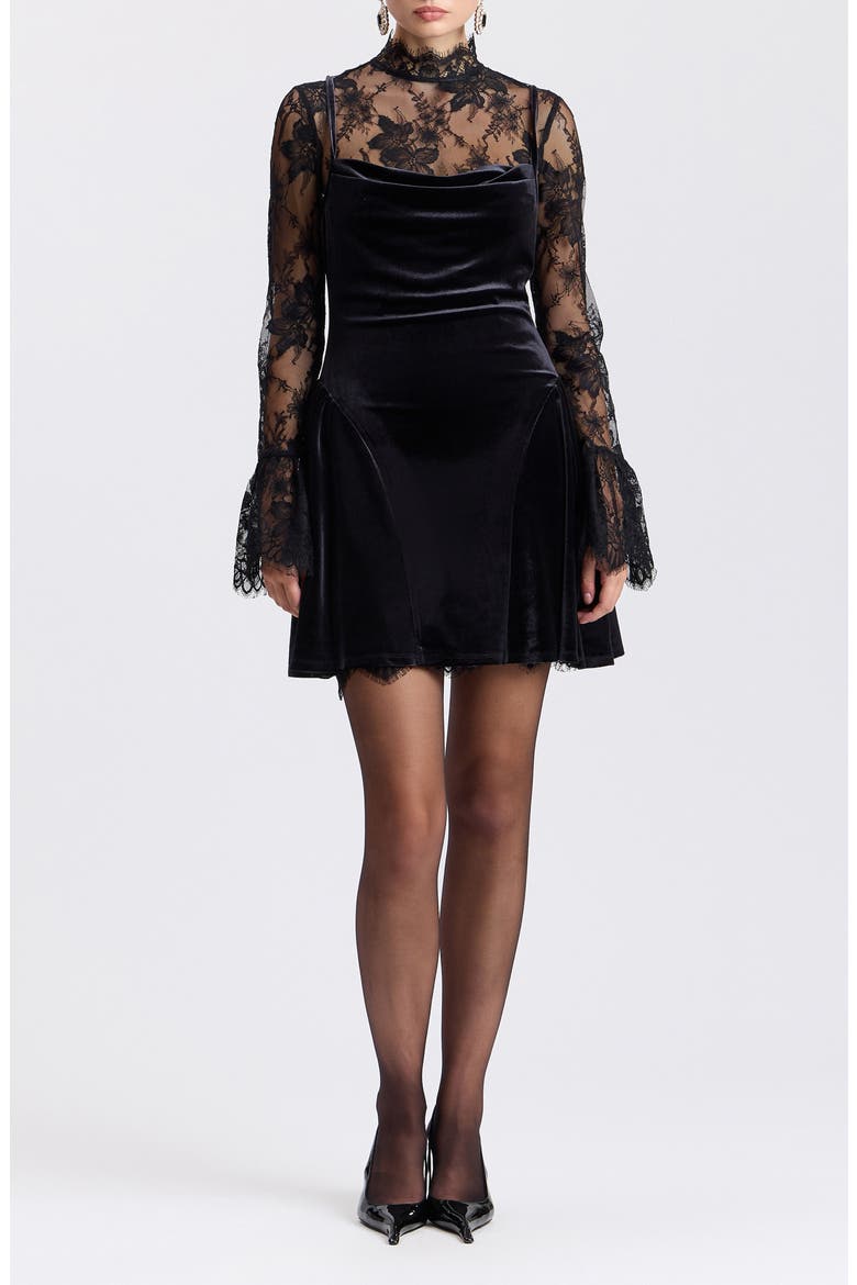 Twofer Long Sleeve Lace & Velvet Dress, Main, color, BLACK