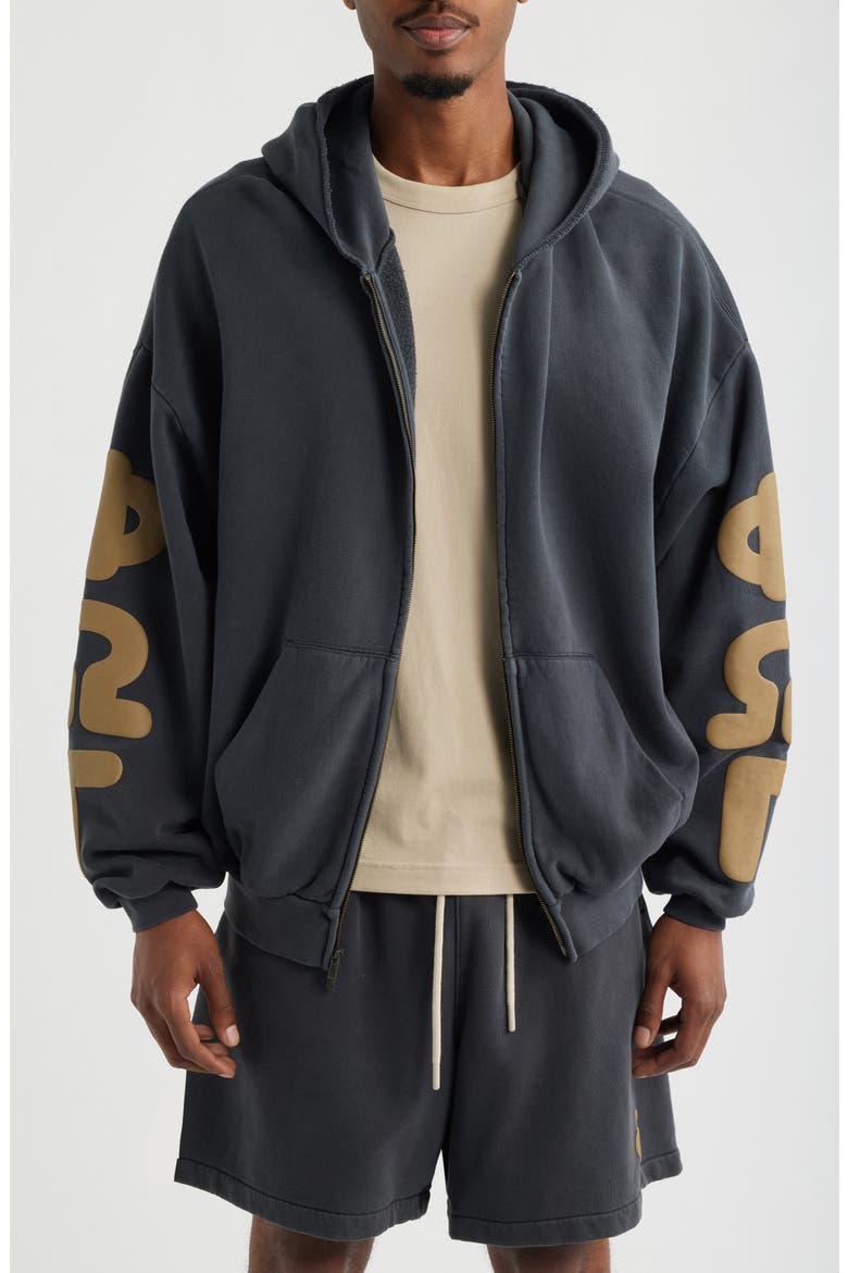 90s Graphic Washed Zip Front Cotton Hoodie, Main, color, WASHED IRON GREY