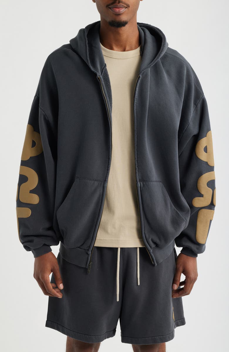 Fear of God Essentials 90s Graphic Washed Zip Front Cotton Hoodie, Main, color, Washed Iron Grey