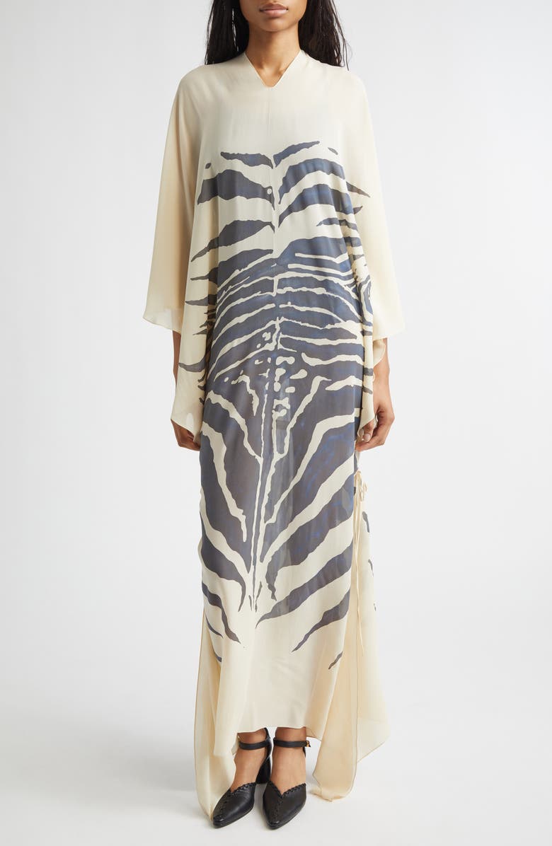 CONNER IVES Hand Painted Zebra Print Long Sleeve Silk Chiffon Caftan, Main, color, Pebble