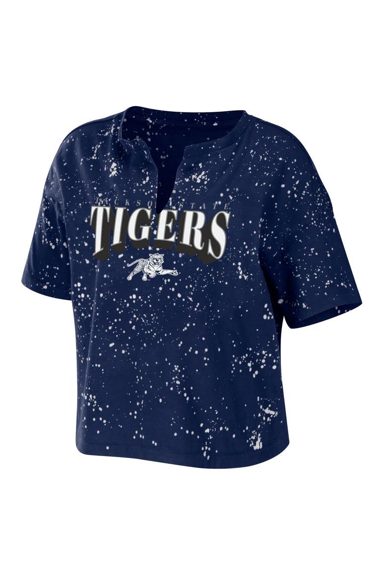 Women's WEAR by Erin Andrews Navy Jackson State Tigers Bleach Wash Splatter Cropped Notch Neck T-Shirt, Alternate, color, Navy