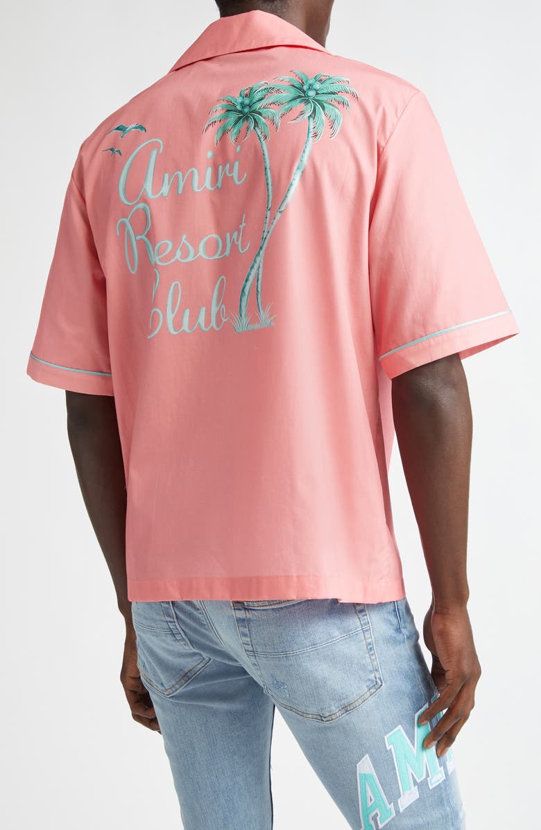 AMIRI Rest Club Embroidered Button-Up Shirt, Alternate, color, Flamingo Pink