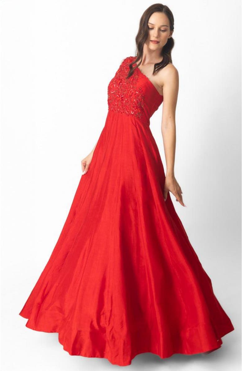 RAAS Kia Raw Silk One Shoulder Gown, Alternate, color, Red