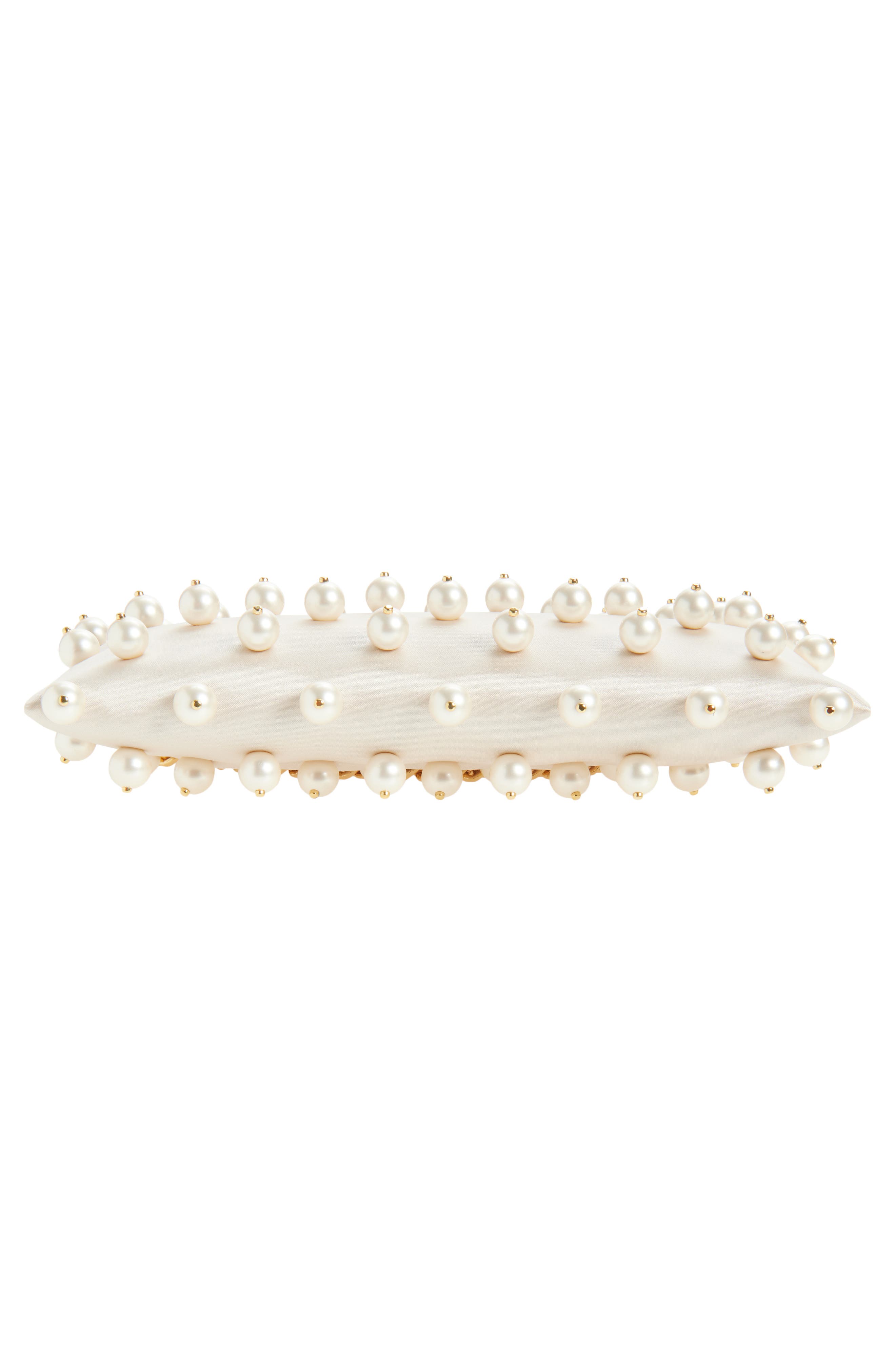 Stella McCartney Mini Falabella Pearly Bead Embellished Satin Evening Bag, Alternate, color, Pure White