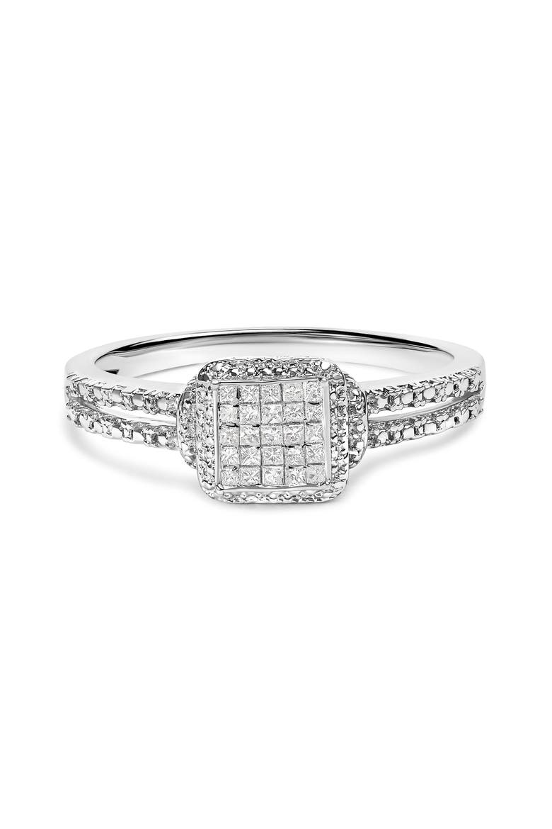 Silver 1/4 Cttw Princess-cut Diamond Composite Ring with Beaded Halo, Main, color, White
