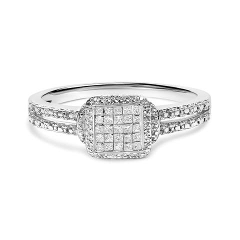 Silver 1/4 Cttw Princess-cut Diamond Composite Ring with Beaded Halo