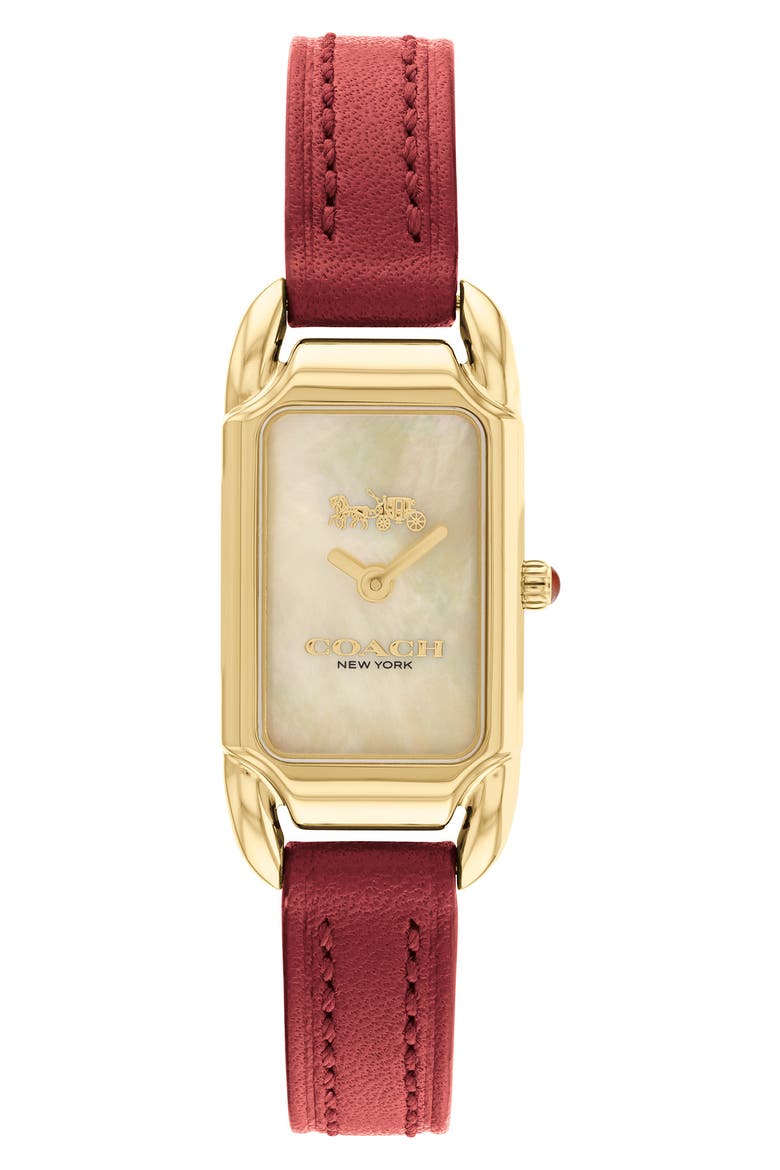 Cadie Mother-of-Pearl Tank Leather Strap Watch, 17.5mm x 28.5mm, Main, color, WHITE
