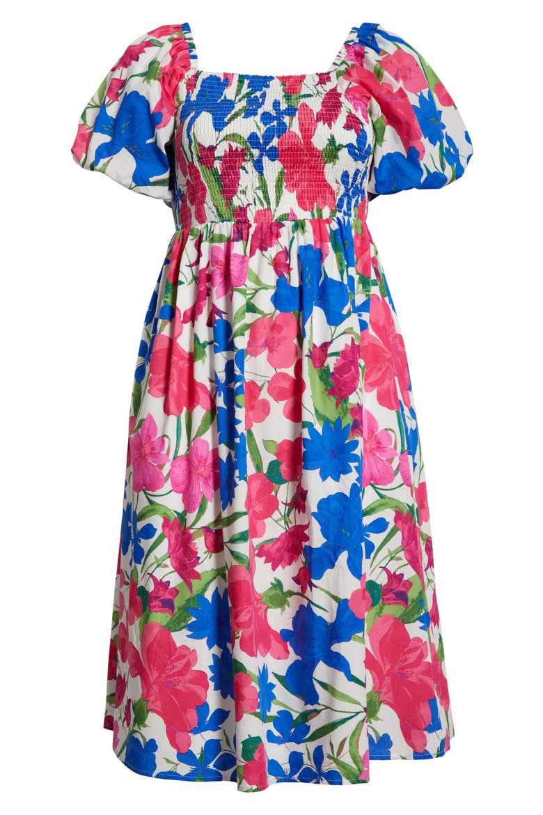Liran Floral Maray Smocked Cotton Midi Dress, Alternate, color, PINK/ BLUE