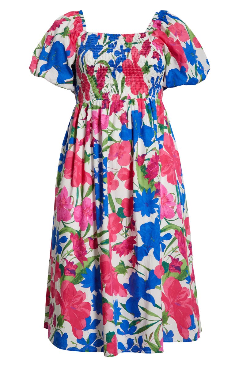 SUGARLIPS Liran Floral Maray Smocked Cotton Midi Dress, Alternate, color, Pink/ Blue