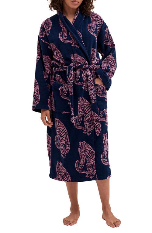 Shop Desmond & Dempsey Print Terry Cloth Robe In Tiger Navy/pink