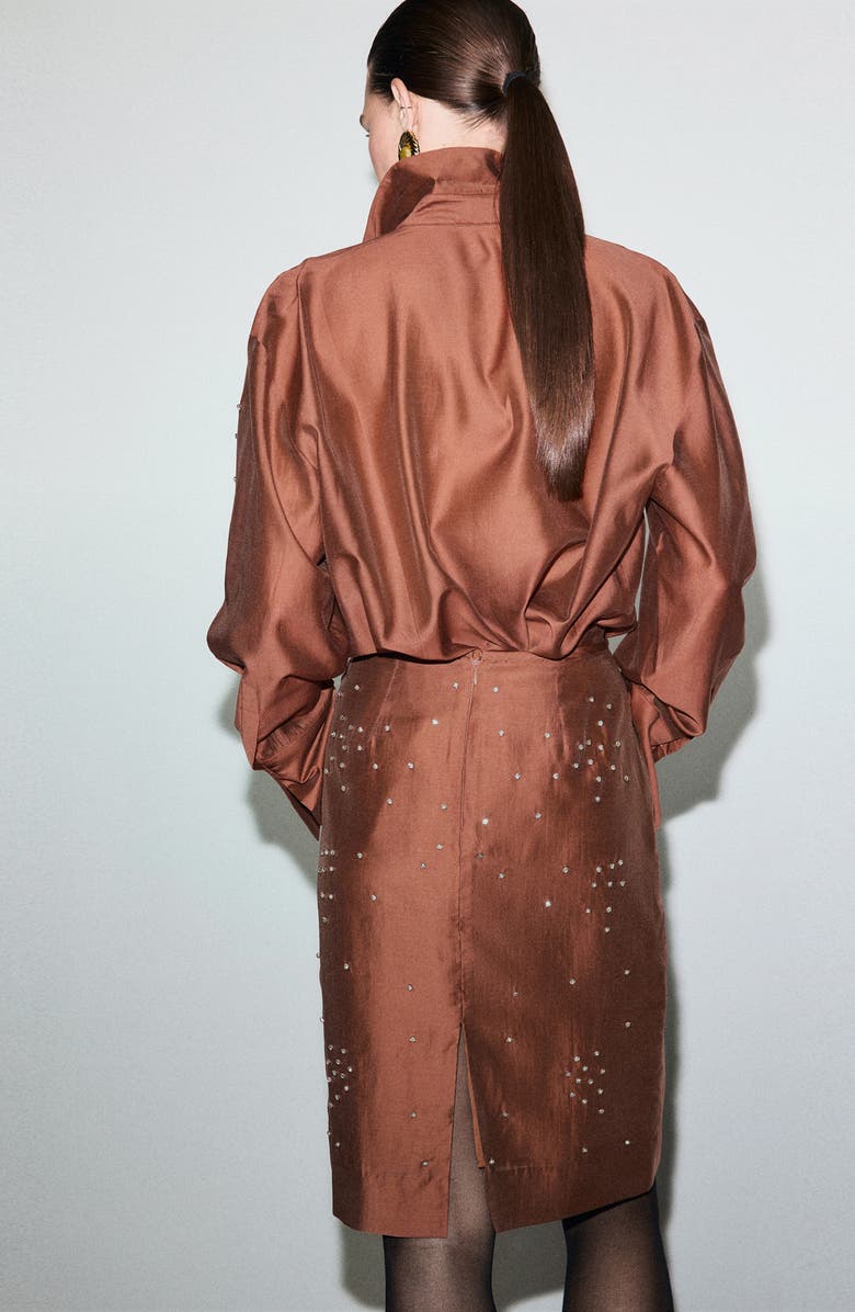 MANGO Rhinestone Detail Satin Button-Up Shirt, Alternate, color, 