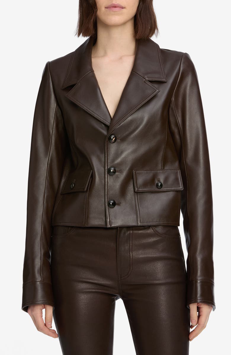 FRAME The Cuffed Crop Leather Jacket, Main, color, Dark Brown