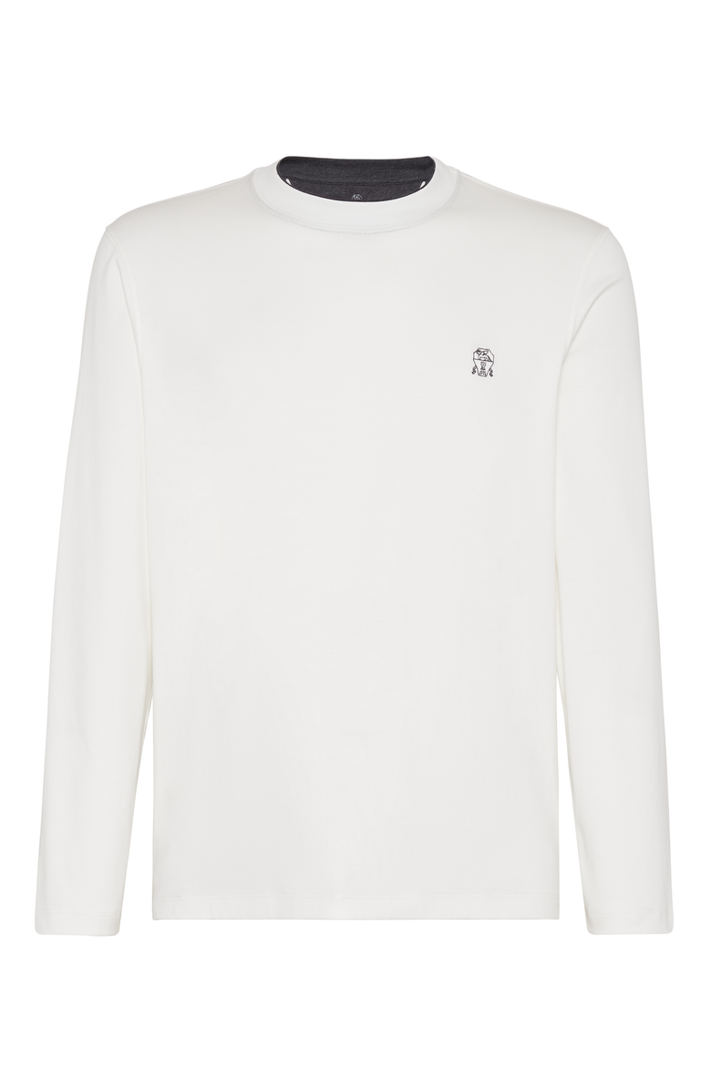 Brunello Cucinelli Cotton jersey long sleeve crew neck T-shirt with logo and faux-layering, Main, color, 