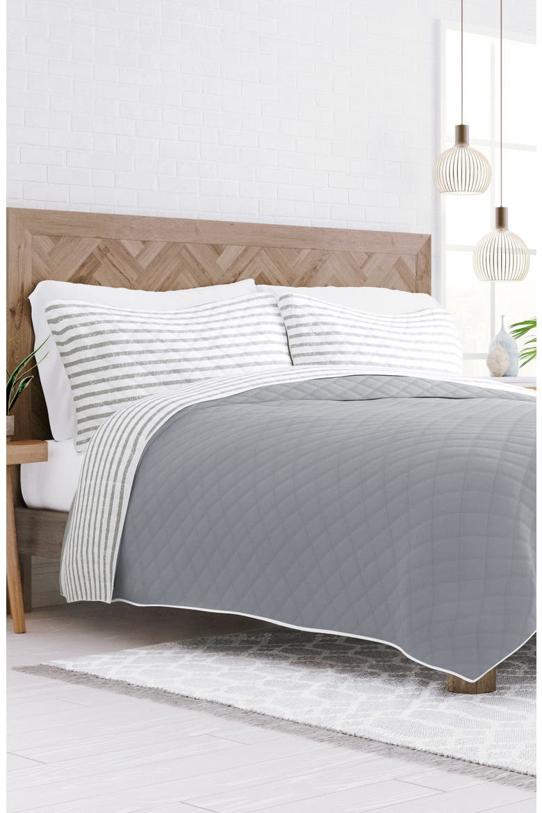 All Season Gray Stripe 3-Piece Down Alternative Reversible Quilt Set, Alternate, color, LIGHT GRAY