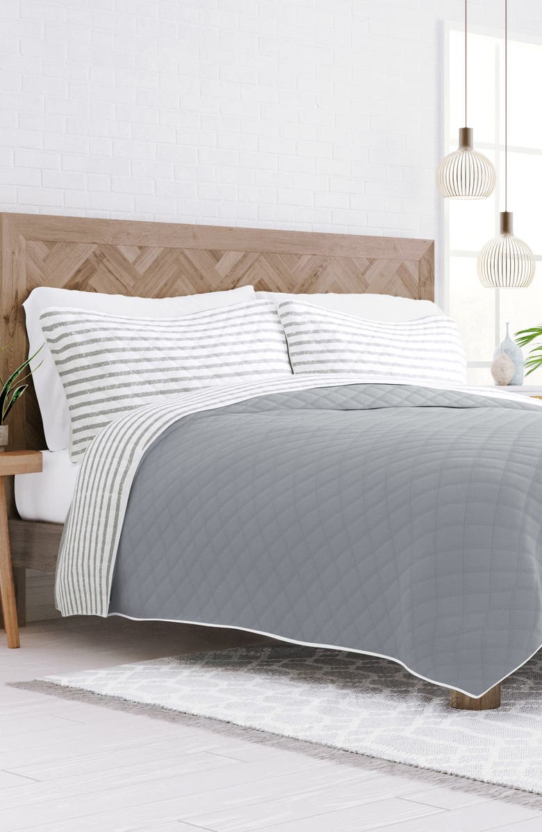 HOMESPUN All Season Gray Stripe 3-Piece Down Alternative Reversible Quilt Set, Alternate, color, Light Gray