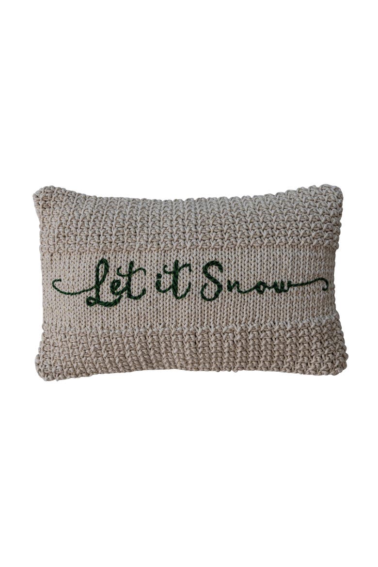 Let It Snow Embroidered Cotton Knit Macrame Lumbar Pillow, Main, color, Multicolor