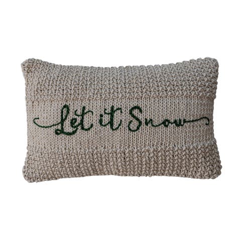 Let It Snow Embroidered Cotton Knit Macrame Lumbar Pillow