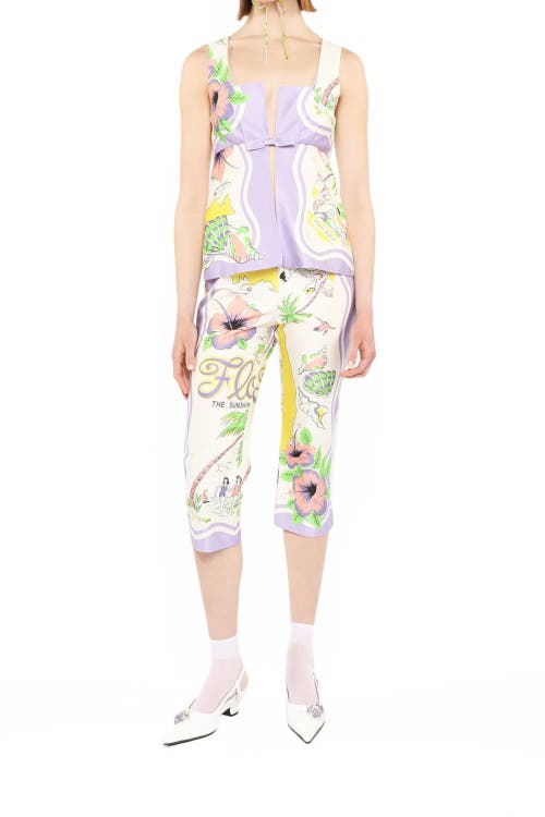 Anna Sui Florida Cotton Sateen Capri Pants In Lavender Multi