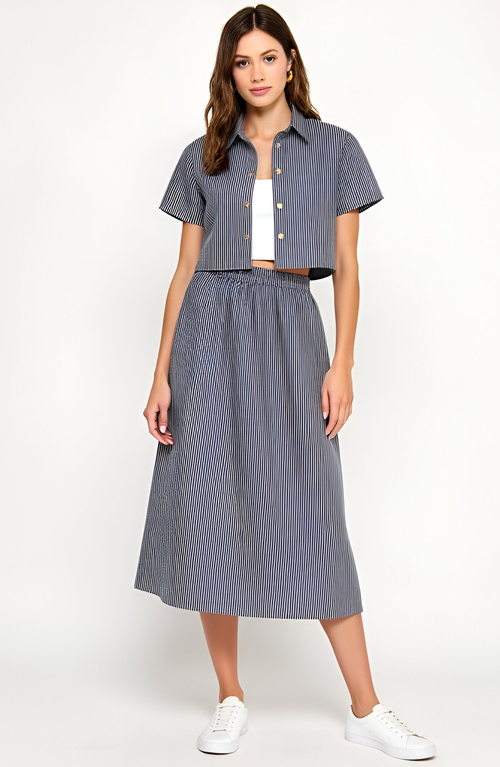 Modenaire Striped Cropped Button-up Shirt And Midi Skirt Set With Short Sleeves In Blue