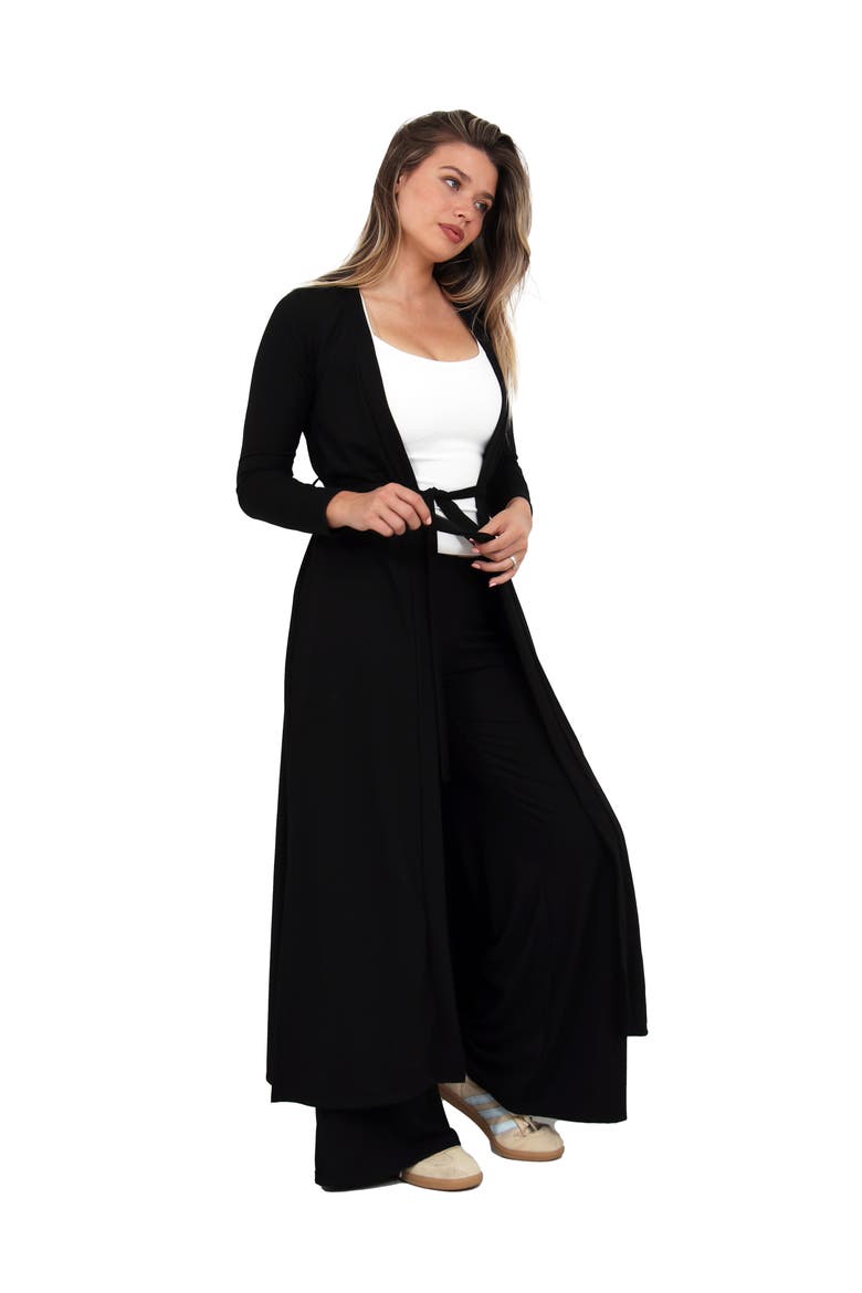 Womens Basic Long Sleeve Tie Waist Soft Jacket and Elastic Waist Wide Leg Pant Set, Alternate, color, Black