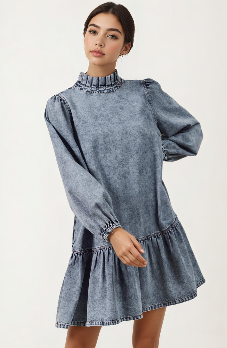 Knit and Lounge Pleated Mock Neck Long Sleeve Ruffle Hem Denim Dress, Main, color, Blue