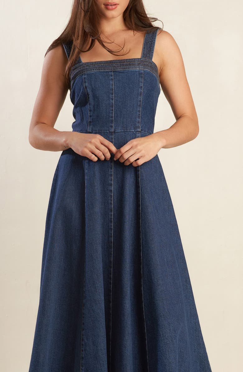 FREEMARKET Sleeveless Washed Denim Fit & Flare Midi Dress, Alternate, color, Denim