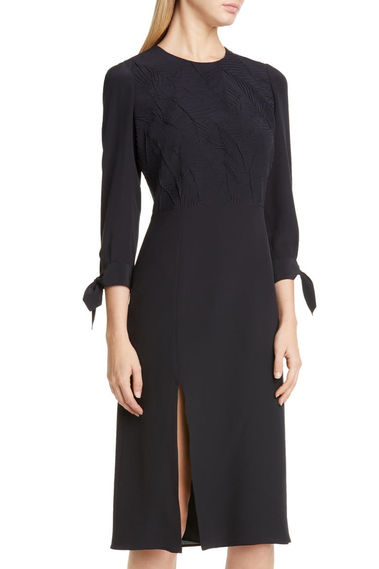 Side Slit Leaf Cloqué Silk Dress, Alternate, color, BLACK