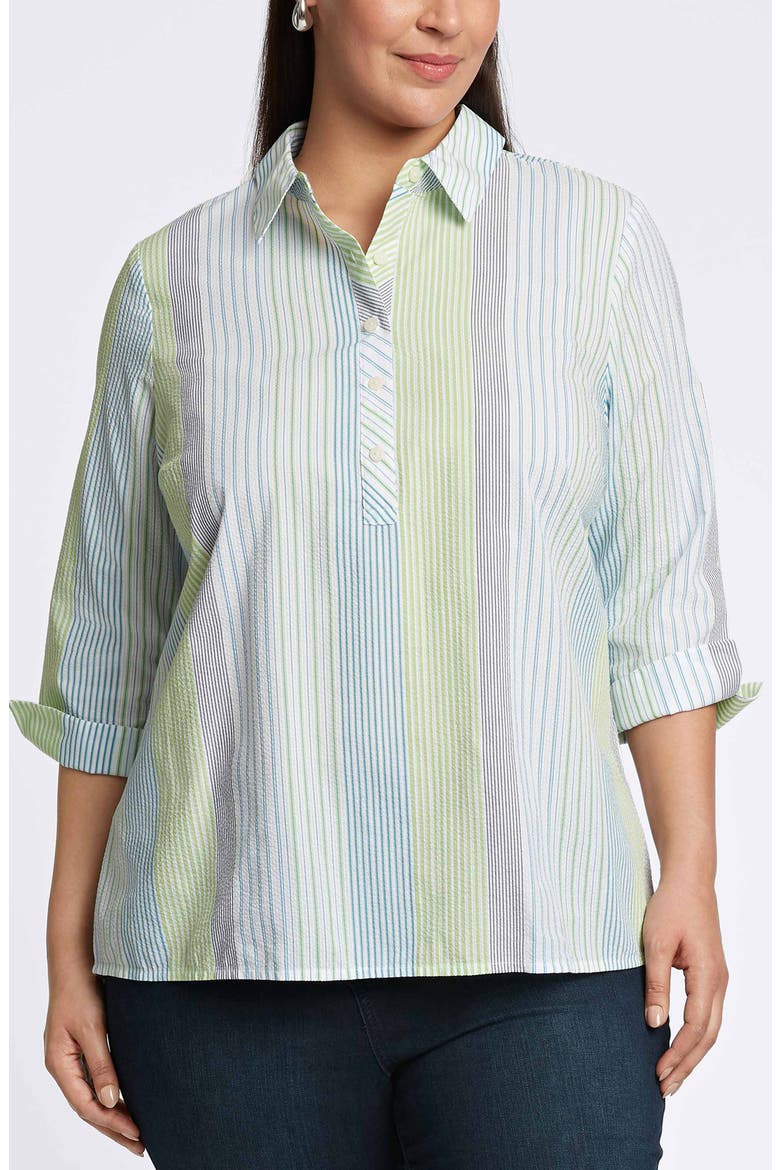 Therese Stripe Split Back Cotton Seersucker Popover Shirt, Main, color, BLUE MULTI