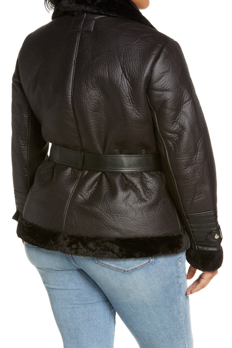 Belted Faux Leather & Faux Fur Aviator Jacket, Alternate, color, BLACK
