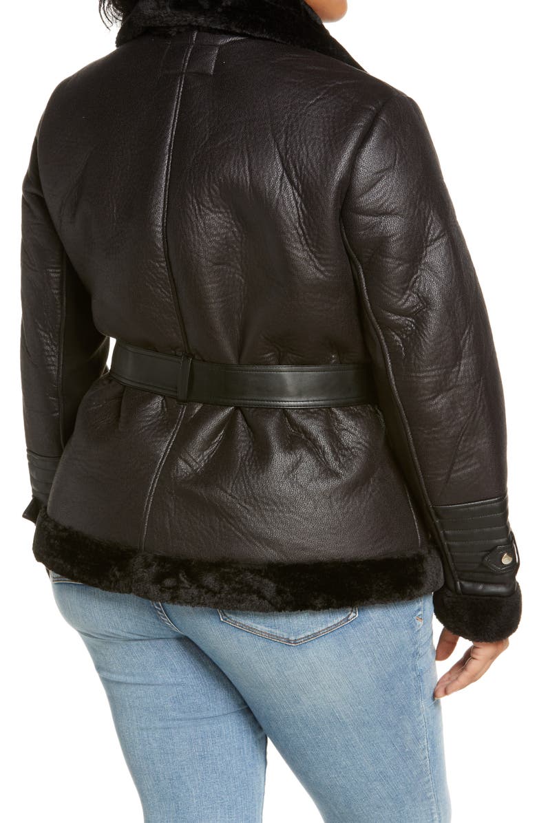 River Island Belted Faux Leather & Faux Fur Aviator Jacket, Alternate, color,