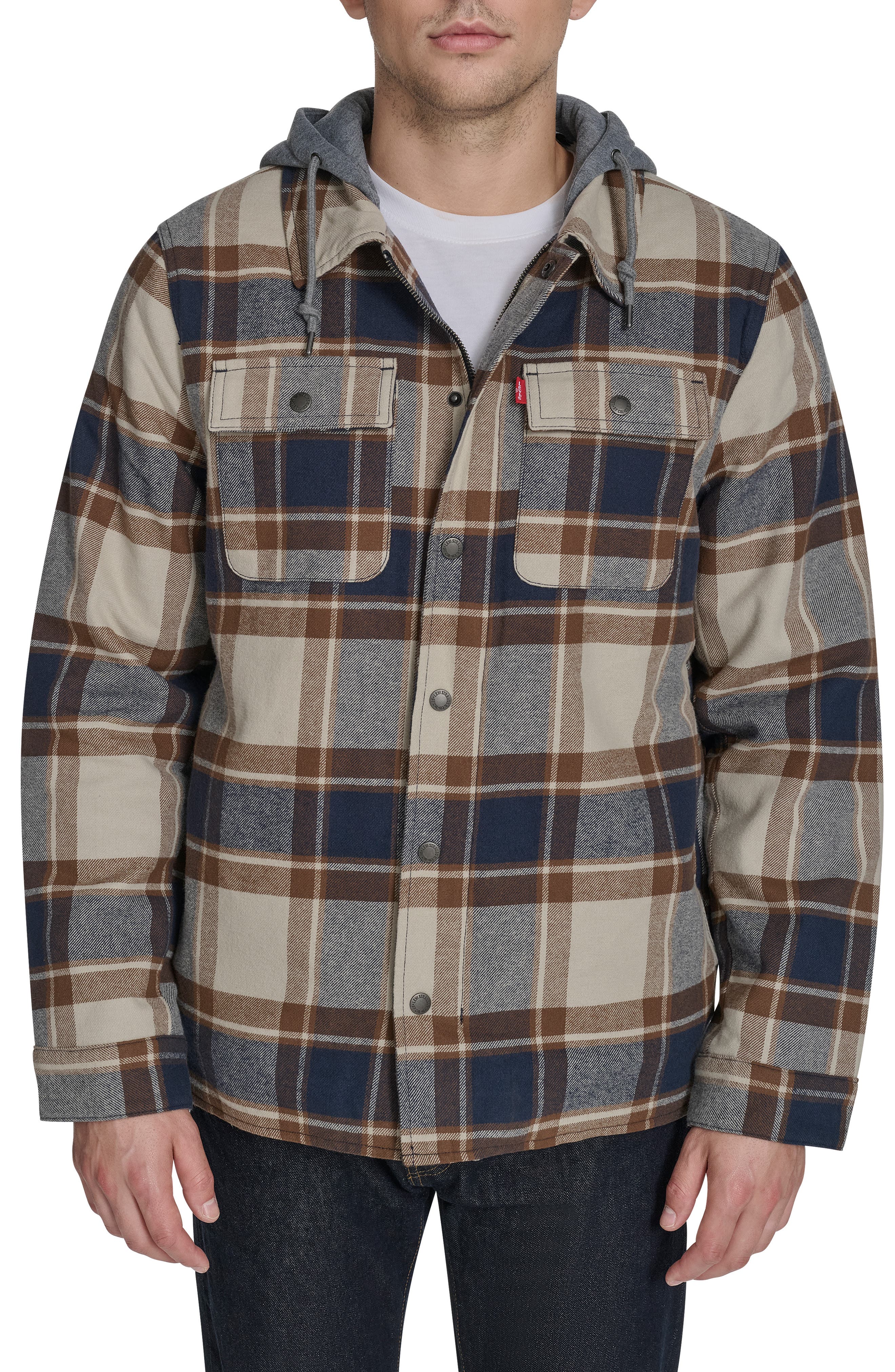 Levi's Plaid Faux Shearling Lined Jersey Hood Shirt Jacket