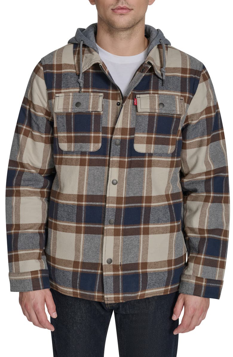 Levi's Plaid Faux Shearling Lined Jersey Hood Shirt Jacket, Main, color, British Tan