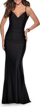 La Femme Form Fitting Jersey Dress with Fully Open Back