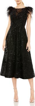 Mac Duggal Feather Shoulder Cap Sleeve Embellished Dress