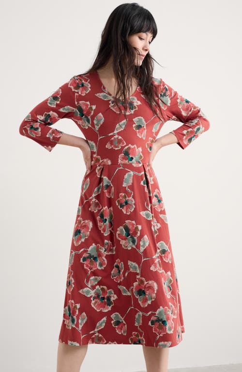 Seasalt Cornwall Floral Pleated Stretch Organic Cotton Jersey Dress In Red