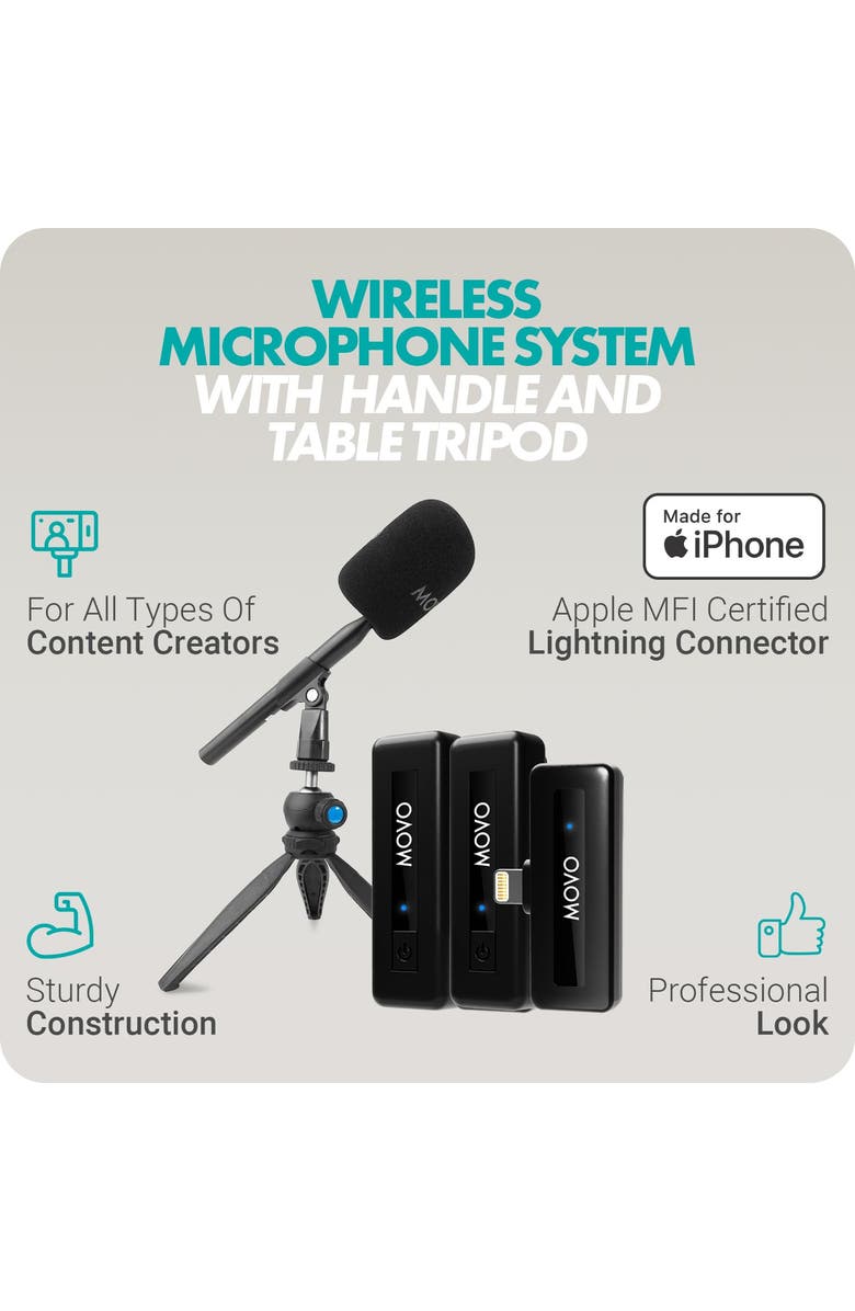 MOVO Wireless Mini Wireless Microphone for iPhone Podcast Equipment Bundle with WMX-HM Handle, Alternate, color, Black