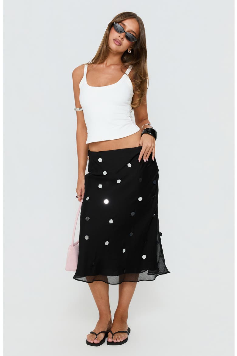Kessiah Sequin Low Rise Midi Skirt, Alternate, color, BLACK