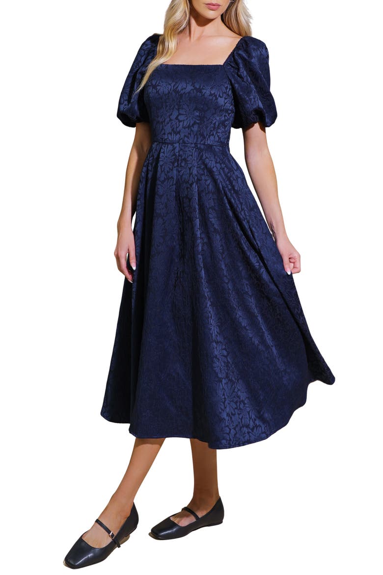 Puff Sleeve Midi Dress, Alternate, color, NAVY