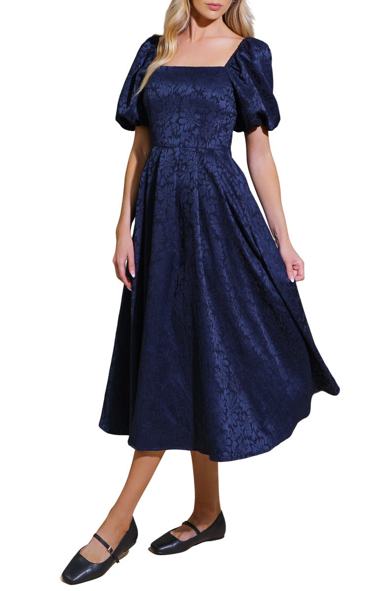 FLYING TOMATO Puff Sleeve Midi Dress, Alternate, color, Navy